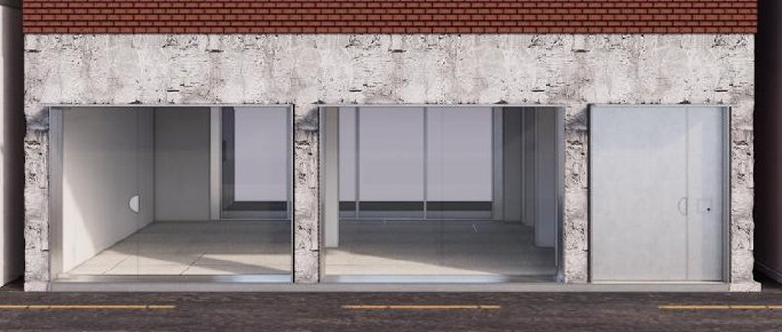 NALLI 성수 1층 쇼윈도 파사드 렌더링 · NALLI Seongsu street-level storefront render